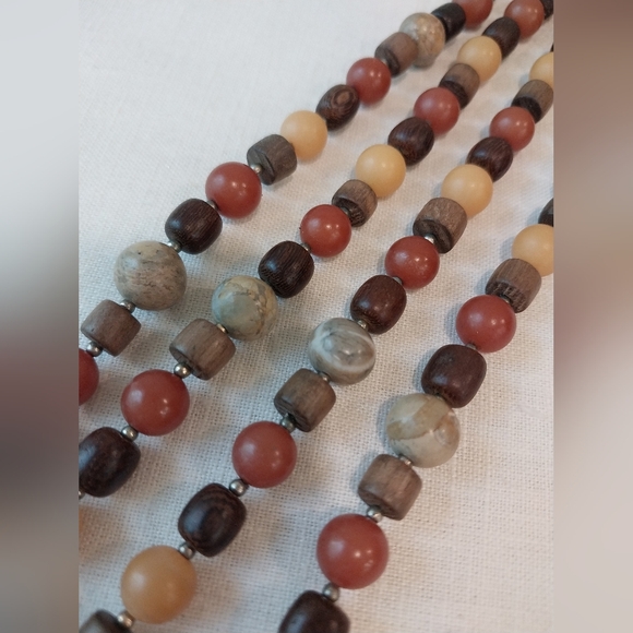 Vintage Stone and Wood Beaded Necklace Geometric Inlay Pendant Neutral Colors - Picture 14 of 16